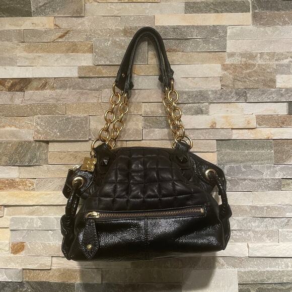 BCBGMAZARIA Quilted Shoulder Bag | Black Leather Patent Trim, Gold Chain Y2K - Picture 11 of 11